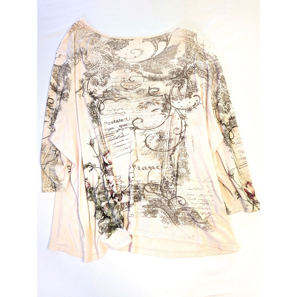 CJ Banks 3X Pink Floral Paris Postcard Rhinestone Embellishment 3/4 Sleeve Top - Picture 4 of 6
